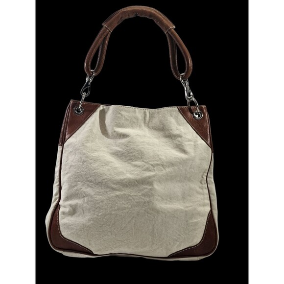 VINTAGE Lands' End XL‎ Off-White Saddle Tote Shoulder Bag Leather Canvas Purse